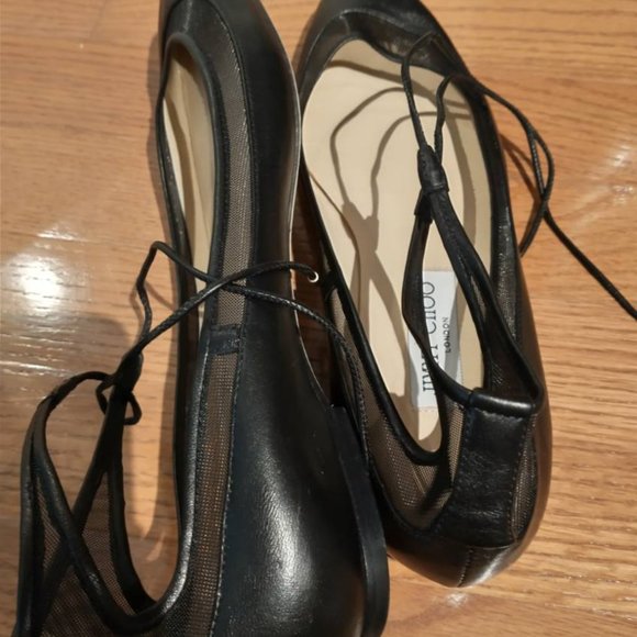 Black Leather JIMMY CHOO Tyler Mesh Ballet Ankle Tie Flats-39 - Picture 8 of 9